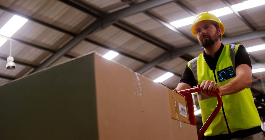 Warehouse Worker Pushing Heavy Cart with Cardboard Box - Free Images, Stock Photos and Pictures on Pikwizard.com