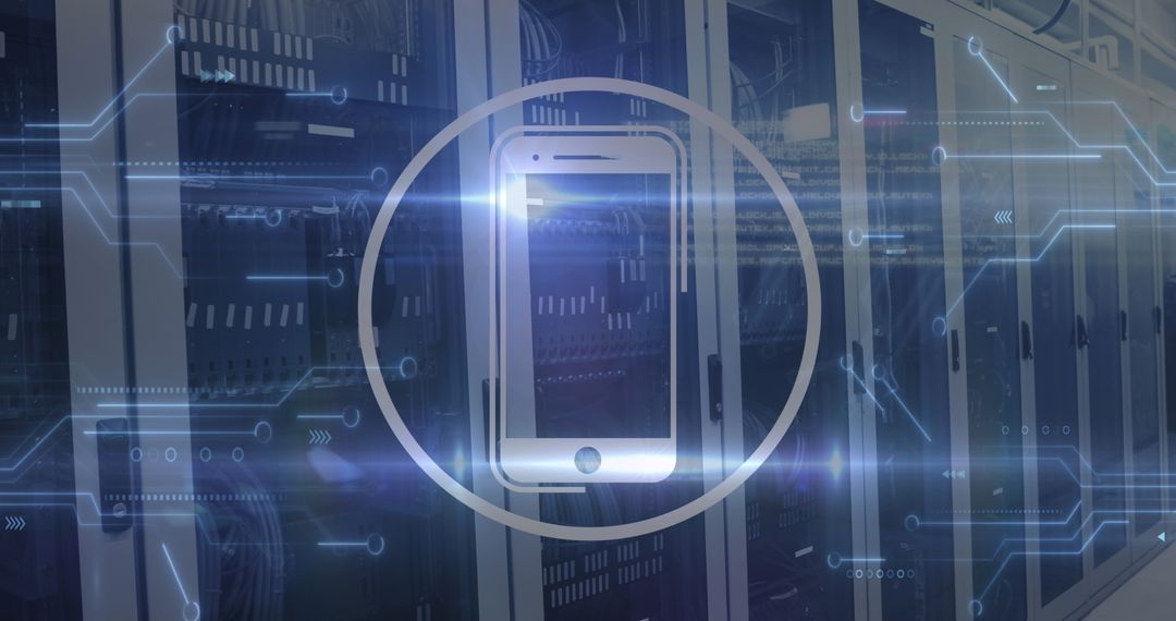 Smartphone Icon Overlaying Data Servers and Processor Imagery