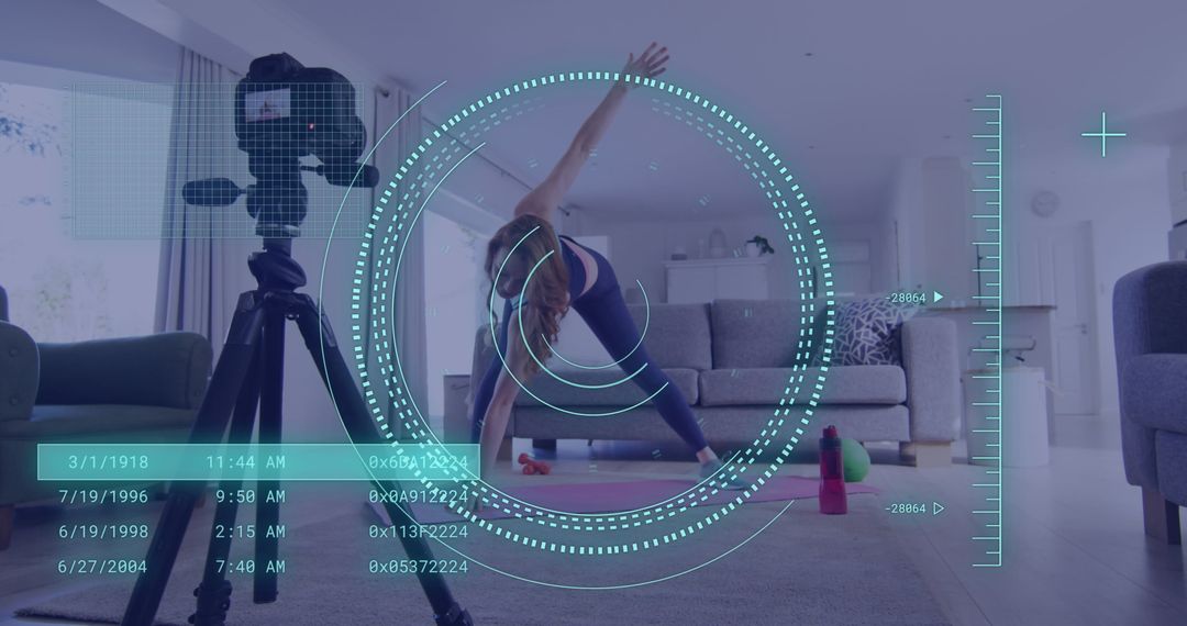 Woman Filming Fitness Vlog with Digital Interface Elements