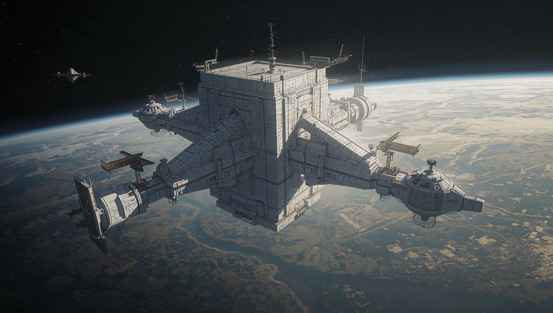 Orbiting Massive Cubic Space Station with Four Radial Docking Arms over Planet Surface