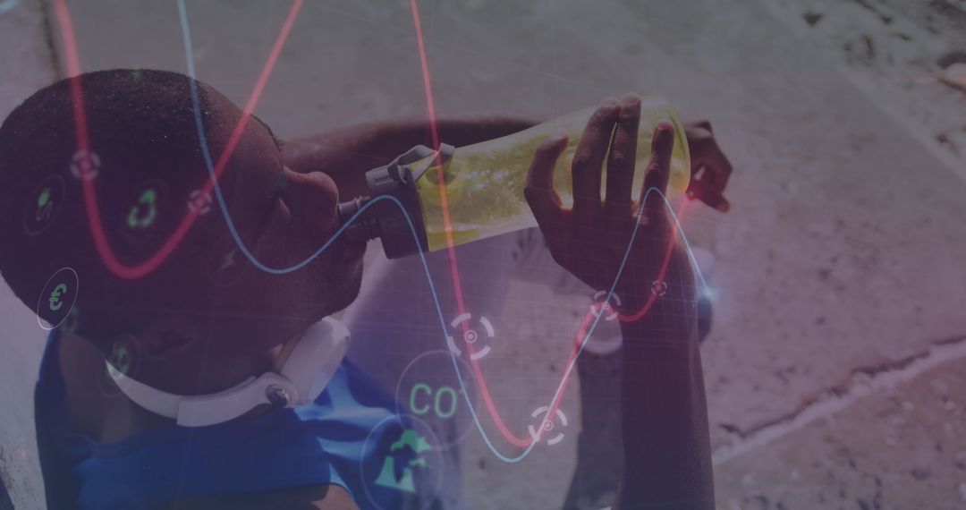 Athlete Drinking from Water Bottle with Digital Data Overlay