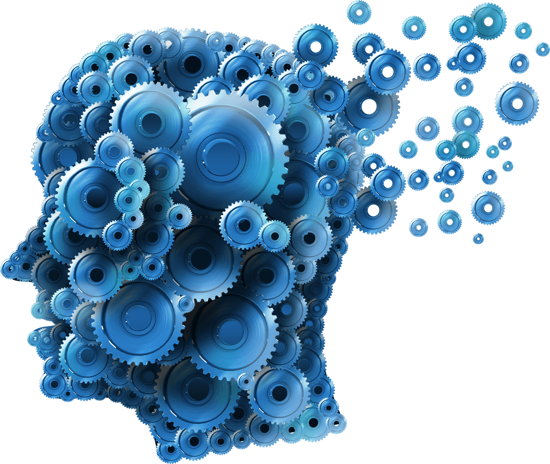 Transparent Human Head with Blue Cogs Showing Thought Process