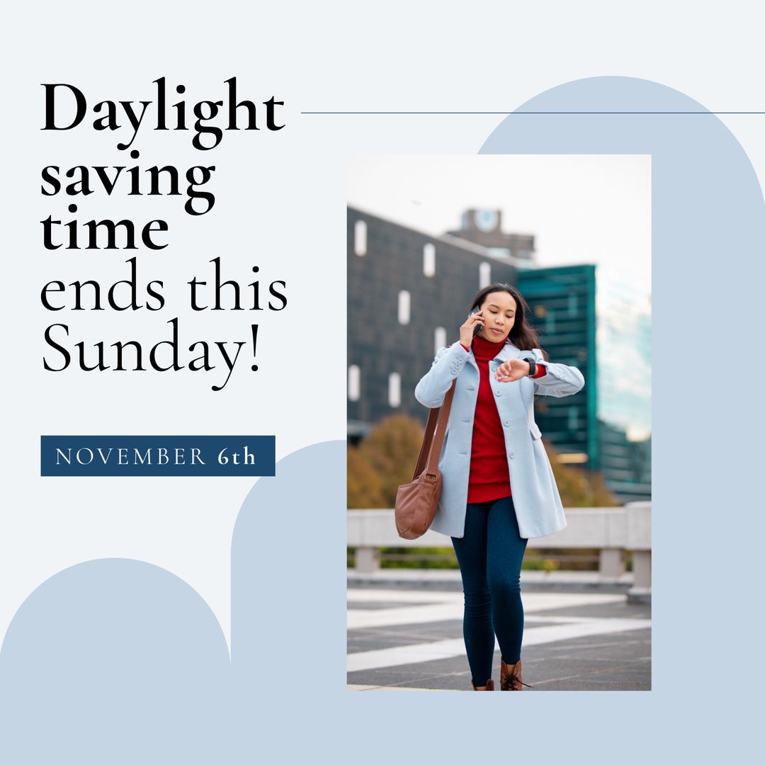 Punctual Businesswoman Strolling in City for Daylight Saving Reminder