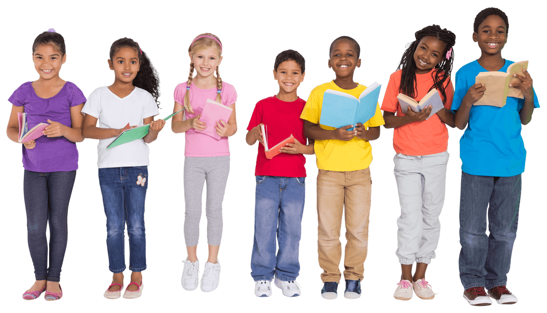 Diverse Schoolchildren Reading Books on Transparent Background