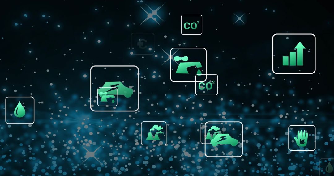 Floating Green Data Tiles Showing Electric Mobility, CO2 Emissions, Water and Growth Metrics