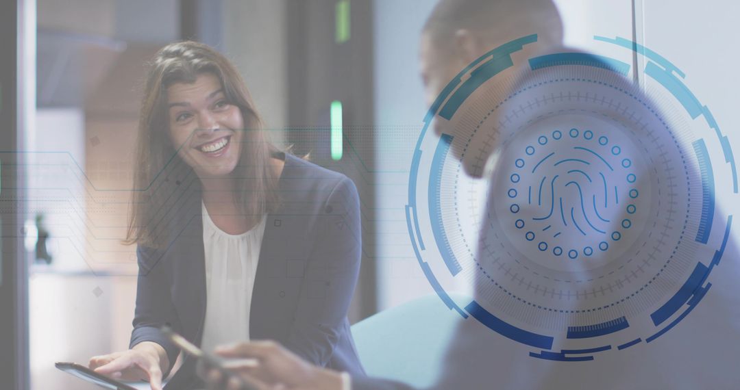 Colleagues Discussing Biometric Security While Using Tablet and Phone in Modern Office