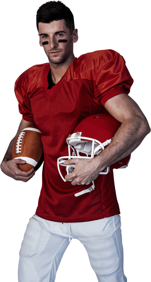 Transparent Background Rugby Player Holding Ball and Helmet