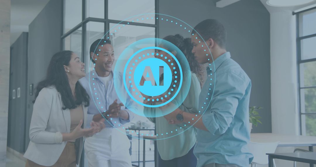 Team collaborating around smartphone with AI hologram overlay in modern office workspace