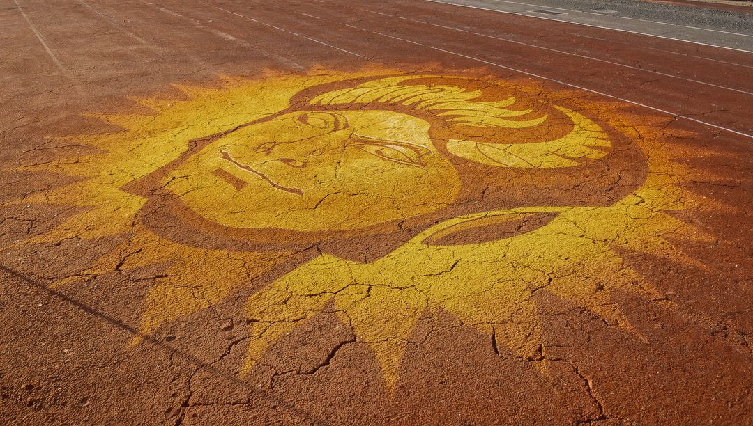 Sun Face Mural Spreading Over Cracked Red Running Track with Bold Yellow Rays
