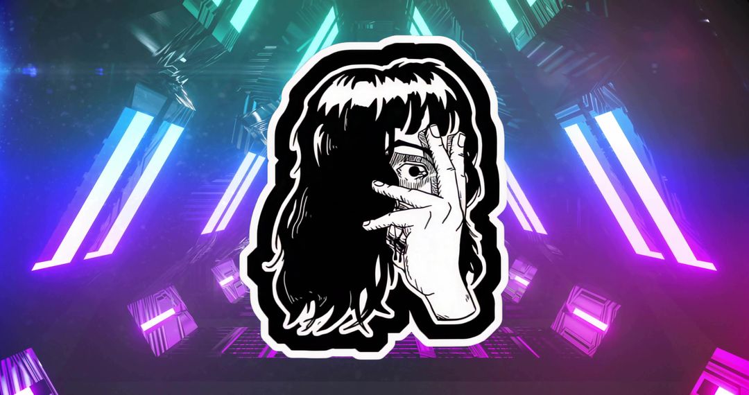 Monochrome Sticker Girl Hiding Face Over Neon Cyberpunk Corridor with Floating Cubes