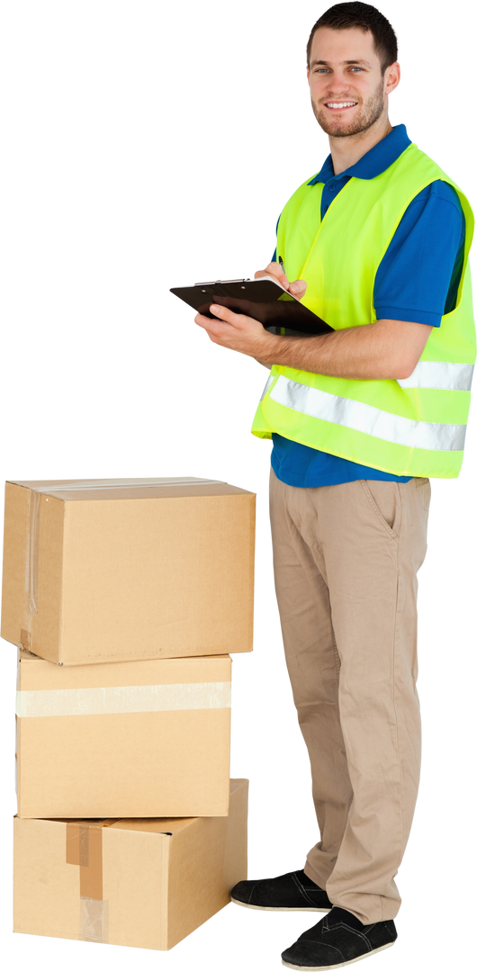 Smiling Delivery Man with Clipboard on Transparent Background - Download Free Stock Images Pikwizard.com