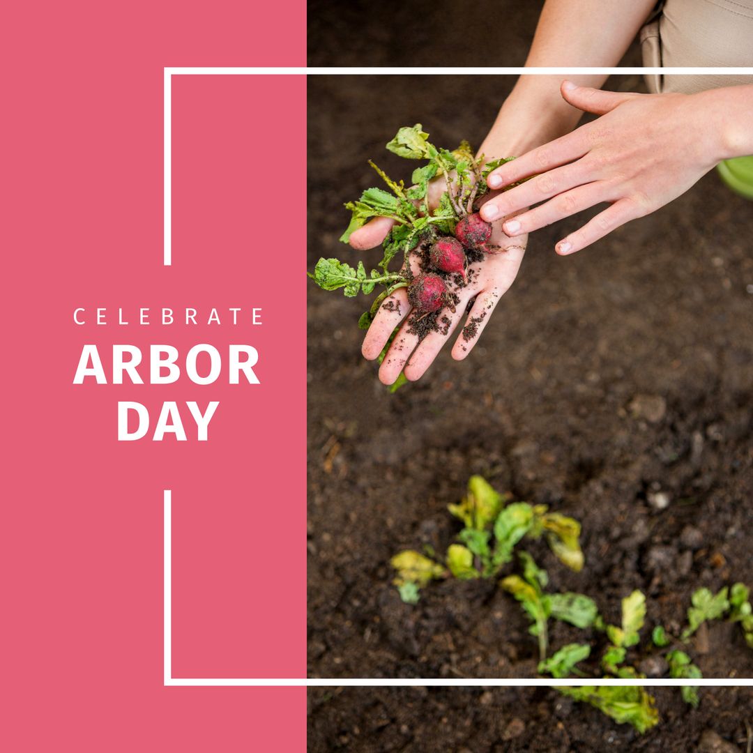 Composition of arbor day text and caucasian woman holding radish - Download Free Stock Templates Pikwizard.com