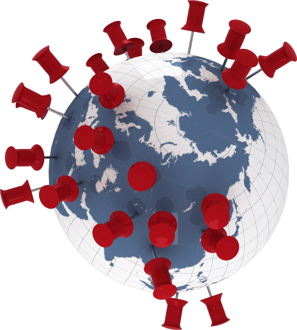 Transparent Globe with Red Pins Highlighting Worldwide Locations