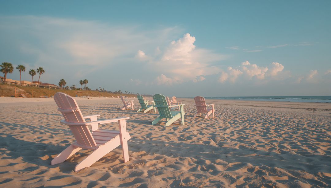 Pastel Adirondack Chairs by Tranquil Ocean Beach with Palm Trees