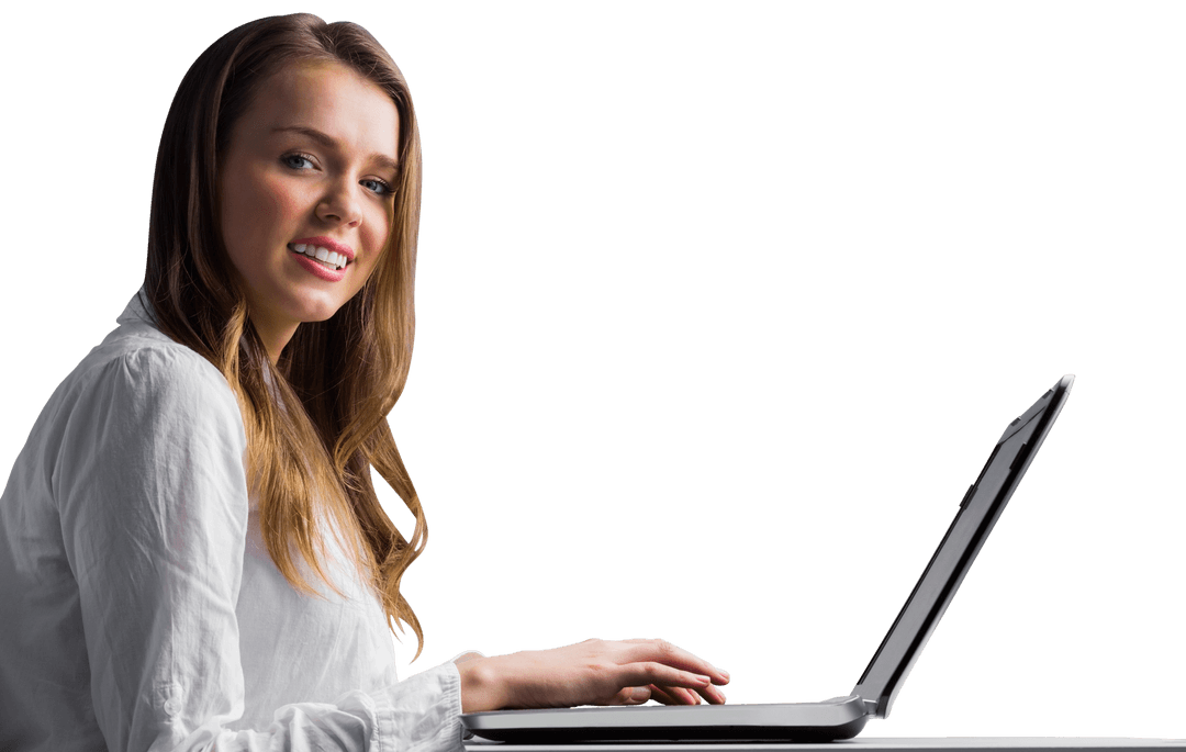 Transparent Businesswoman Smiling While Typing on Laptop