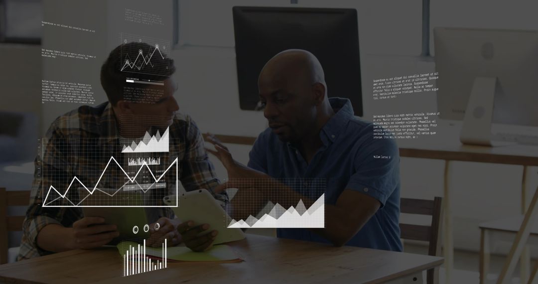 Colleagues Collaborating Over Tablet in Open-Plan Office with Data Analytics Overlays
