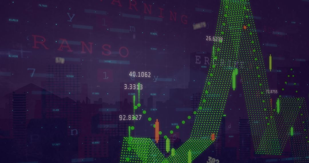 Digital Fluorescent Data Visuals Overlapping Cityscape Silhouette