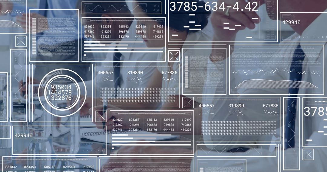 Business Team Analyzing Data with Digital Overlay Graphics