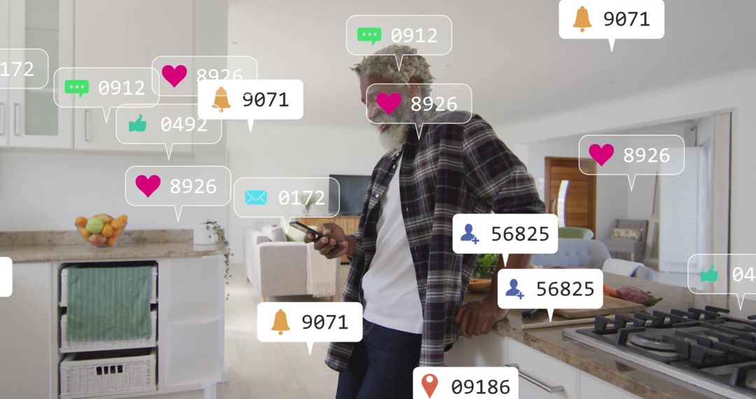 Man Checking Smartphone with Social Media Notification Icons