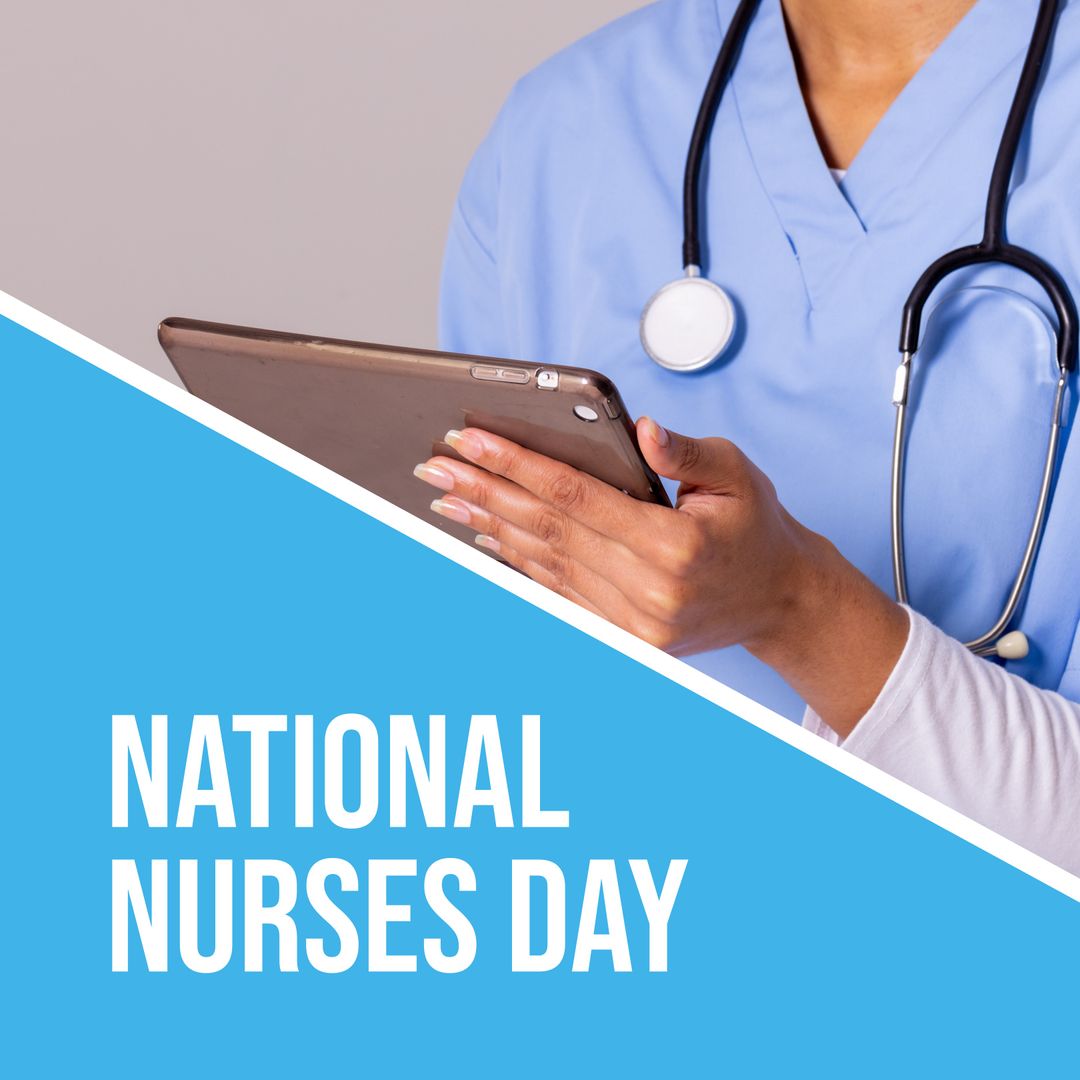 Celebrating National Nurses Day with Dedicated Biracial Female Nurse Holding Tablet - Download Free Stock Templates Pikwizard.com