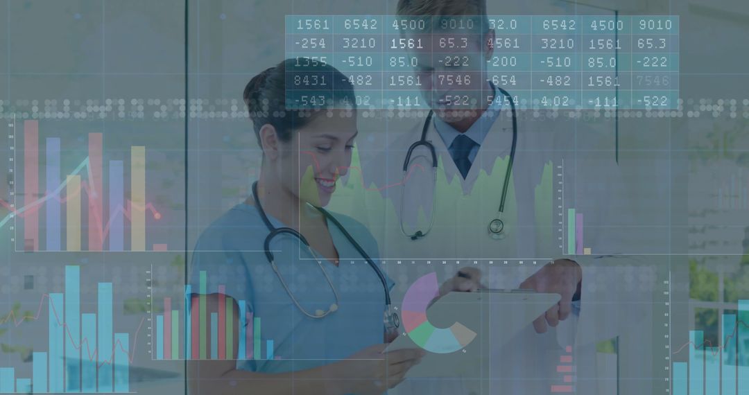 Healthcare Professionals Analyzing Data on Tablet with Chart Overlays