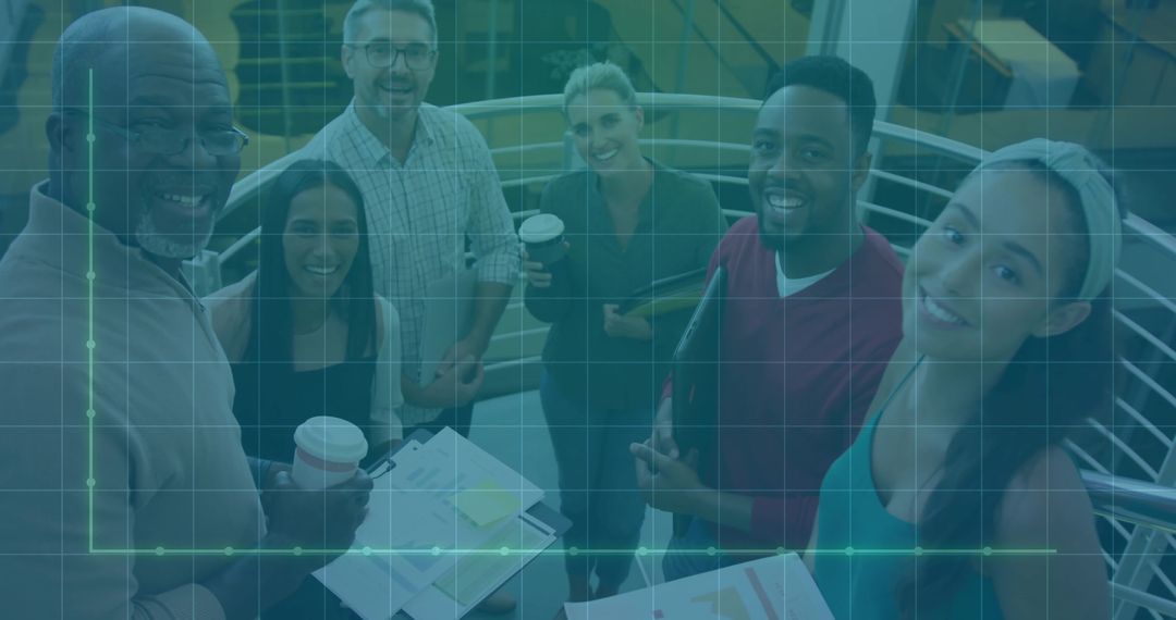 Diverse Team Collaborating on Office Stairs Visualizing Growth