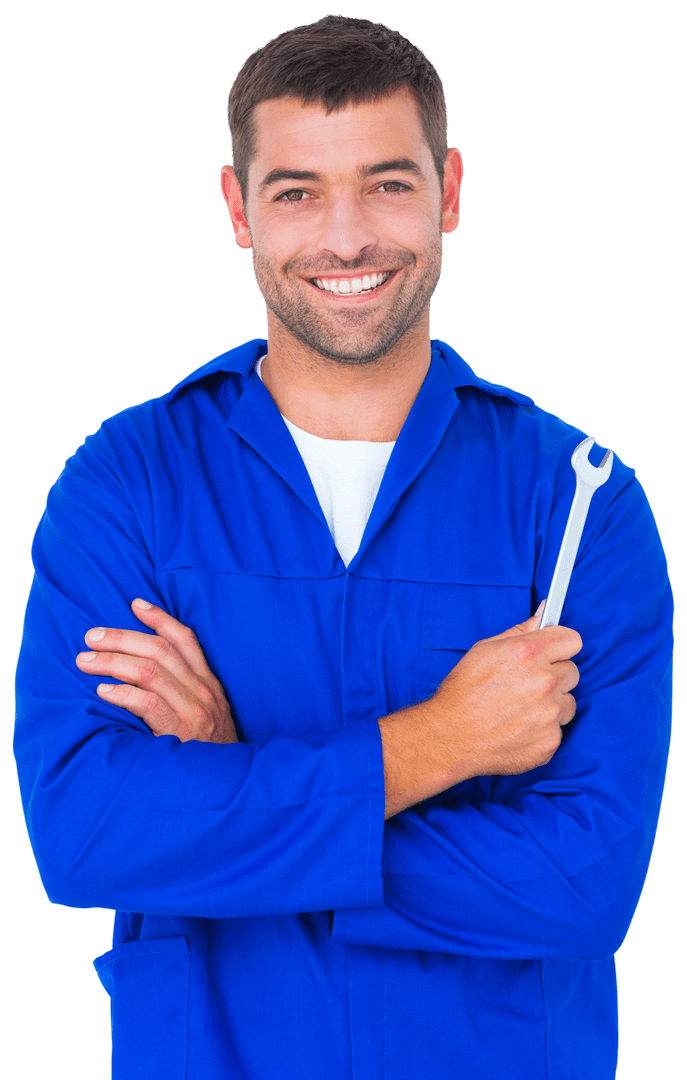 Transparent Background Smiling Mechanic Holding Spanner