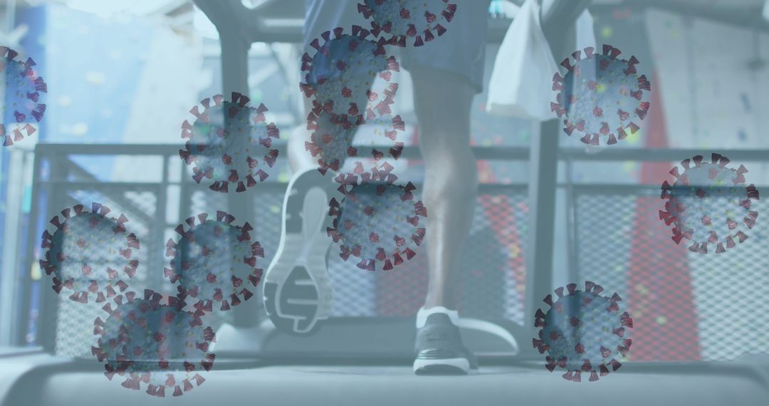 Man Wearing Face Mask with Floating COVID-19 Graphics