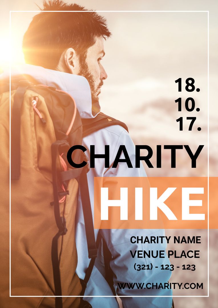 Young Hiker Promoting Charity Event in Outdoor Adventure Poster - Download Free Stock Templates Pikwizard.com