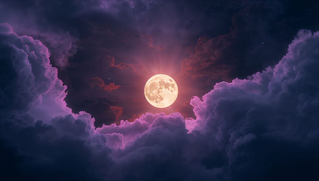 Full Moon Illuminating Mystical Night Sky with Clouds