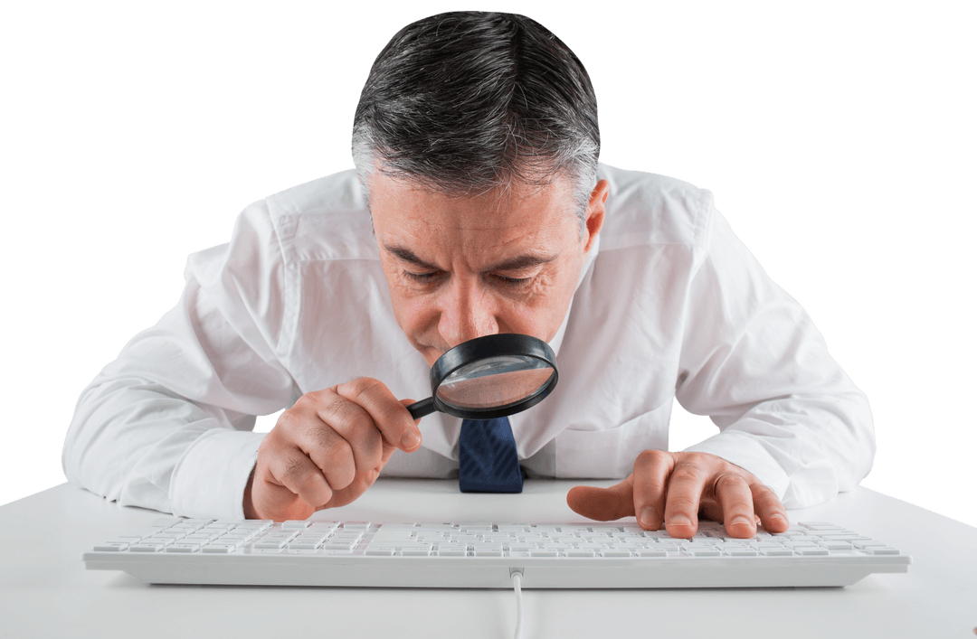 Businessman Using Magnifying Glass for Detailed Examination on Transparent Background