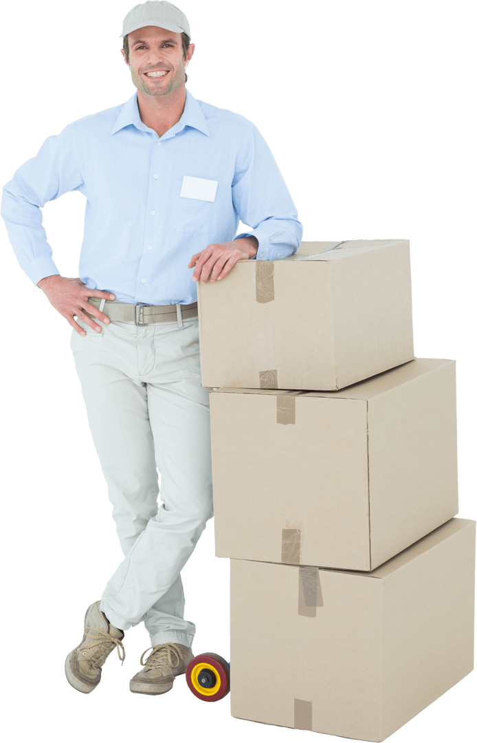 Transparent Image of Delivery Man Leaning on Cardboard Boxes