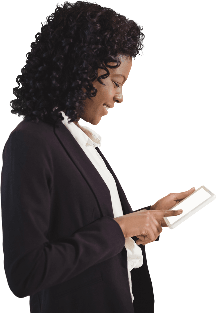 Smiling Professional Woman Engaged With Digital Tablet, Transparent Background