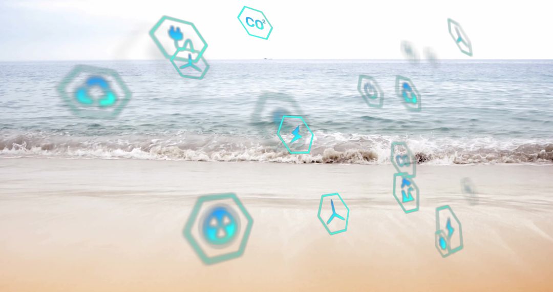 Digital Eco Icons Floating Above Tranquil Beach