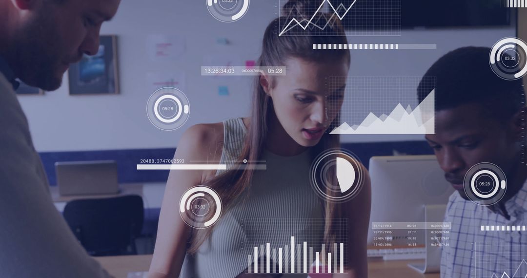 Business Team Analyzing Data with Interactive Infographics