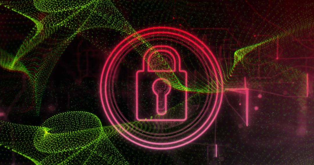 Digital Lock Icon with Futuristic Green and Red Swirling Lines