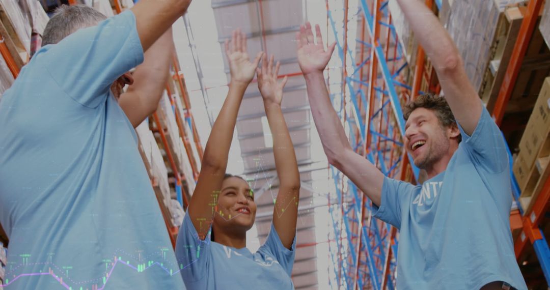 Diverse Coworkers Celebrating Team Success in Warehouse