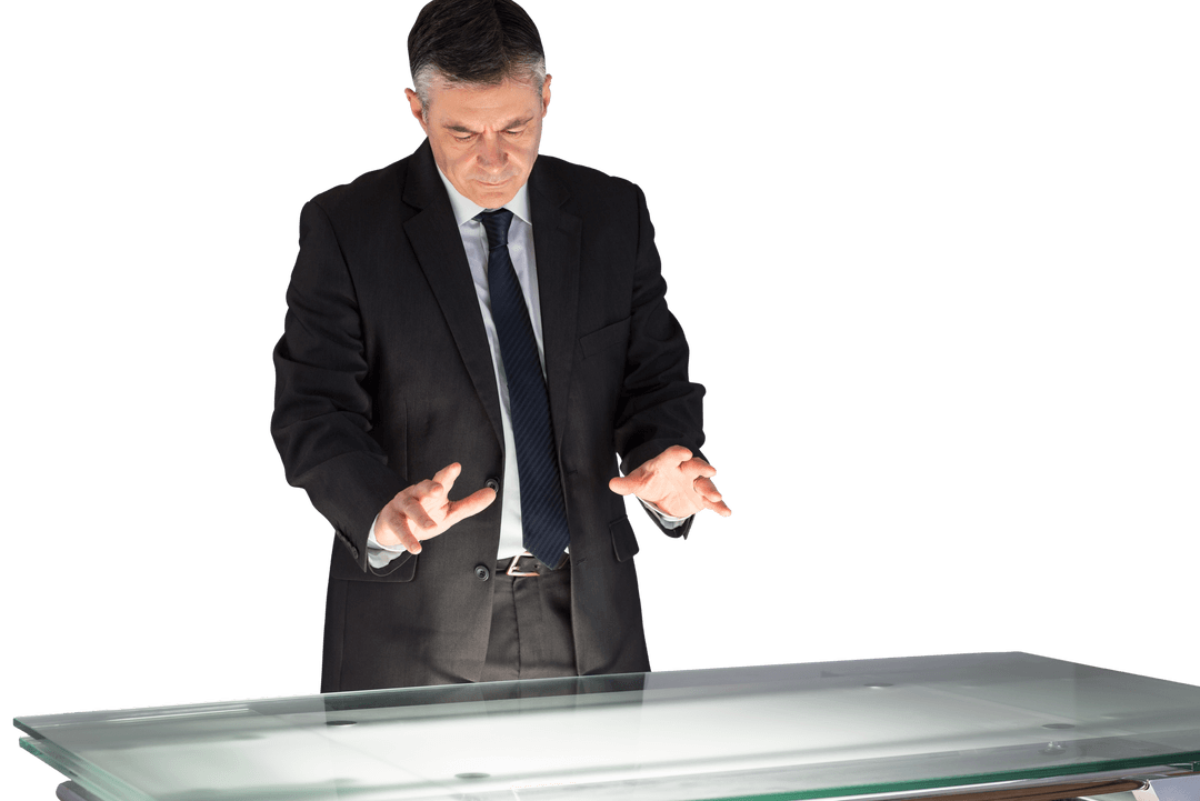 Businessman Using Interactive Glass Screen on Transparent Background