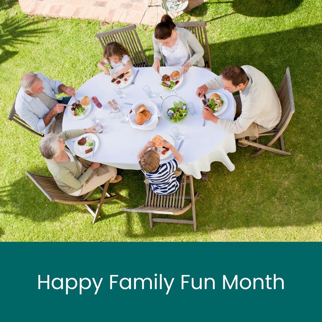 Happy Family Dining Outdoors in a Sunlit Garden