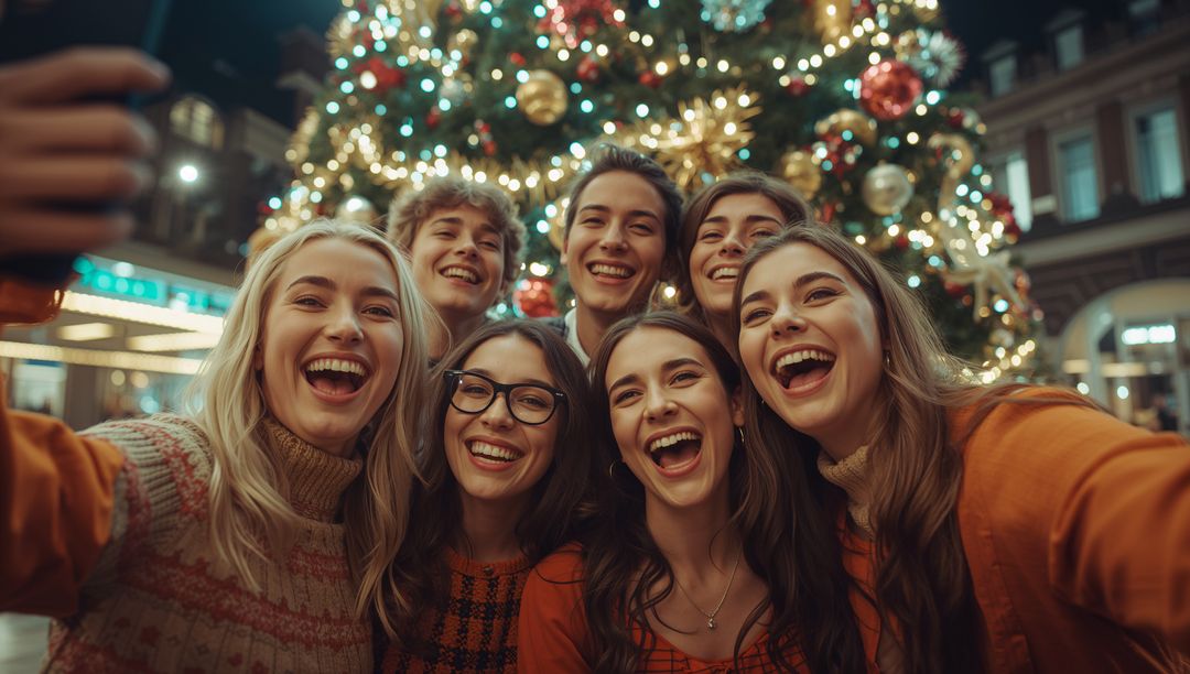 Friends Taking Selfie in Festive City Square with Illuminated Christmas Tree