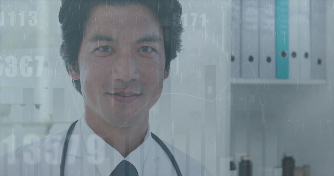 Smiling Asian Doctor with Analytics Overlay in Hospital