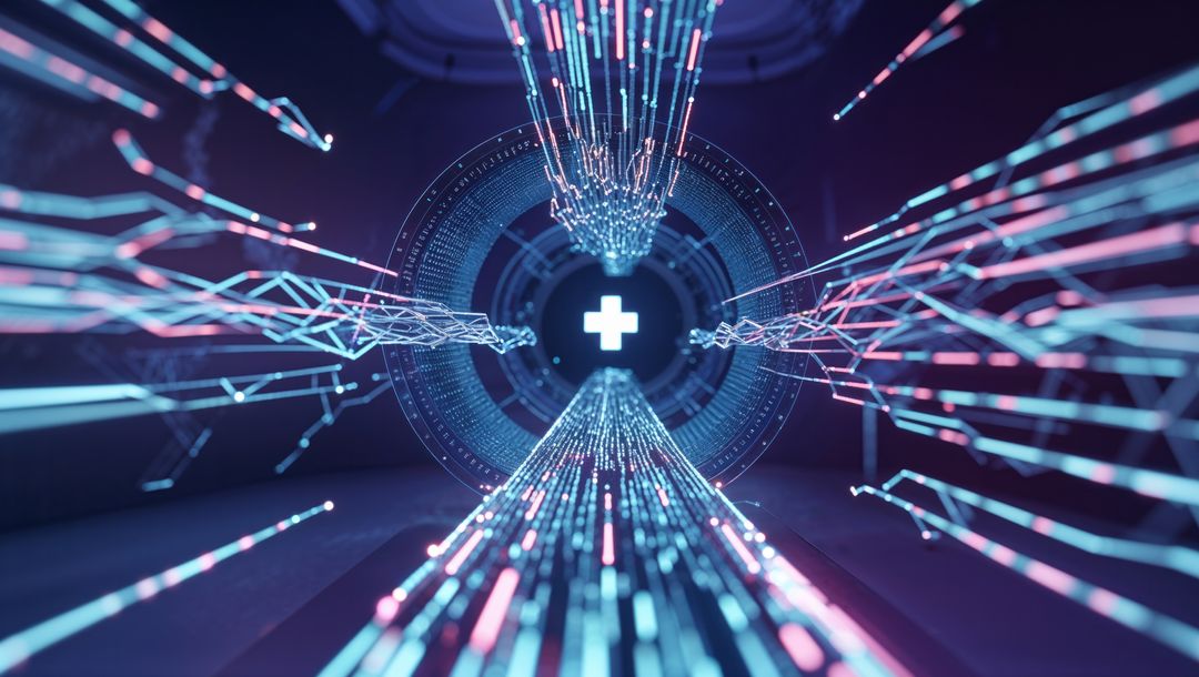 Futuristic Digital Streams Converge in Virtual Space with Plus Symbol