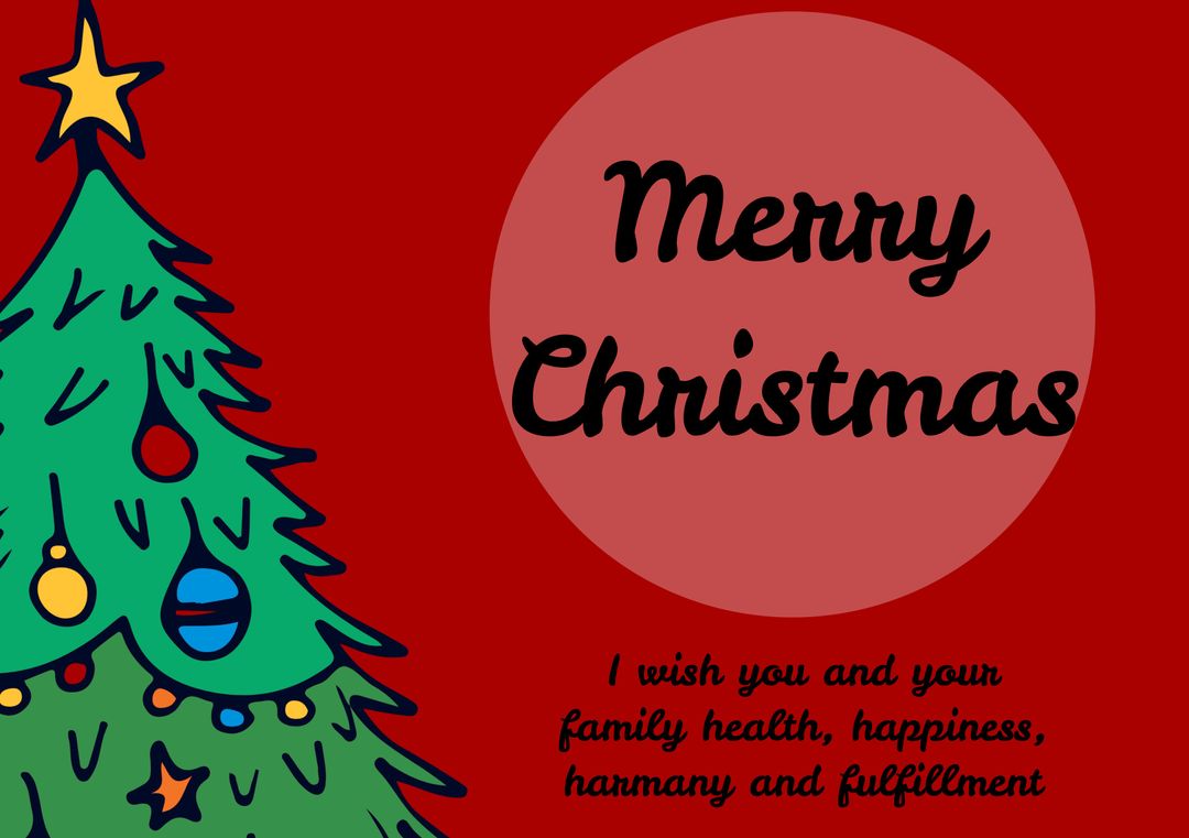 Festive Christmas Card with Tree and Wishes on Red Background
