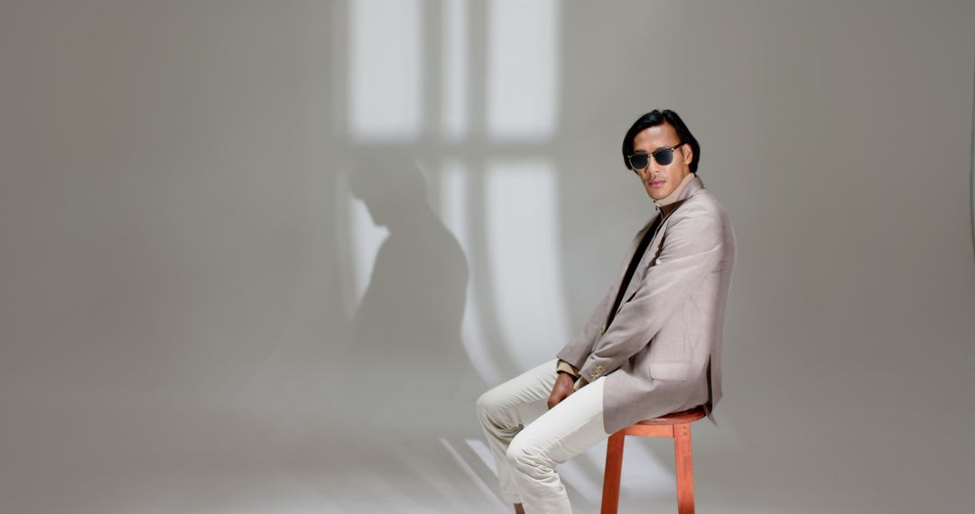 Stylish Man in Gray Blazer and Sunglasses with Minimalist Vibe