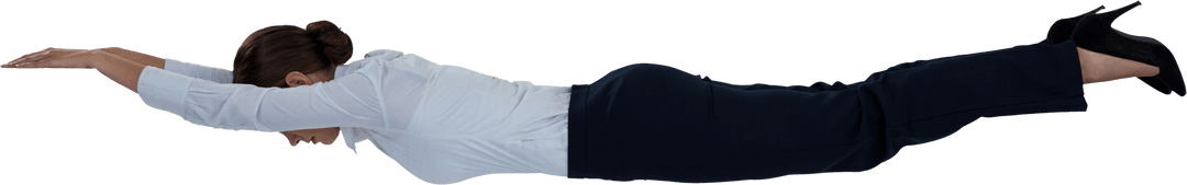 Transparent Businesswoman Flying Through Air in Confident Pose