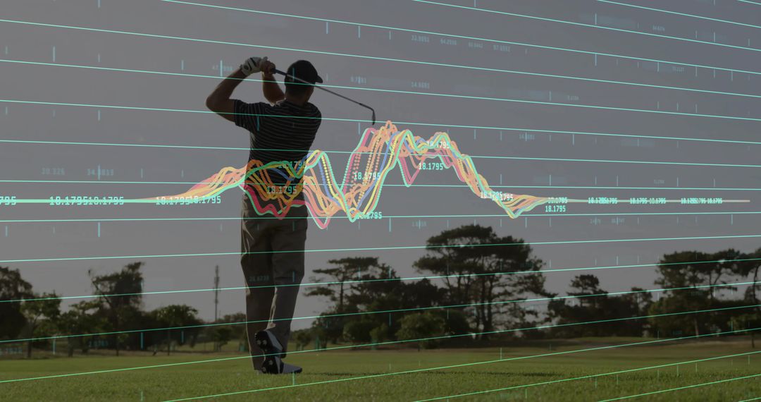 Golfer Swinging Club with Analytical Data Overlay on Fairway