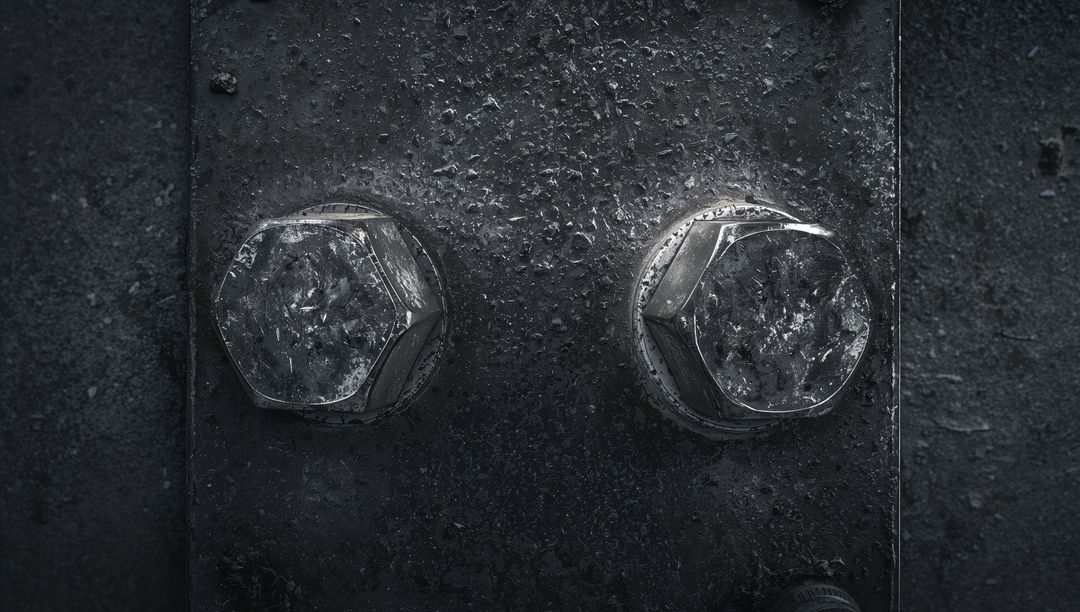 Glinting hex bolts on worn steel plate with corrosion and water droplets macro texture