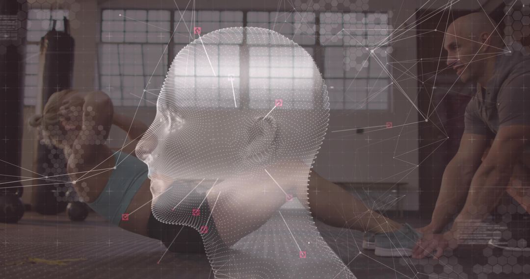 3D Wireframe Head Analyzing Gym Workout with Coach Consultation