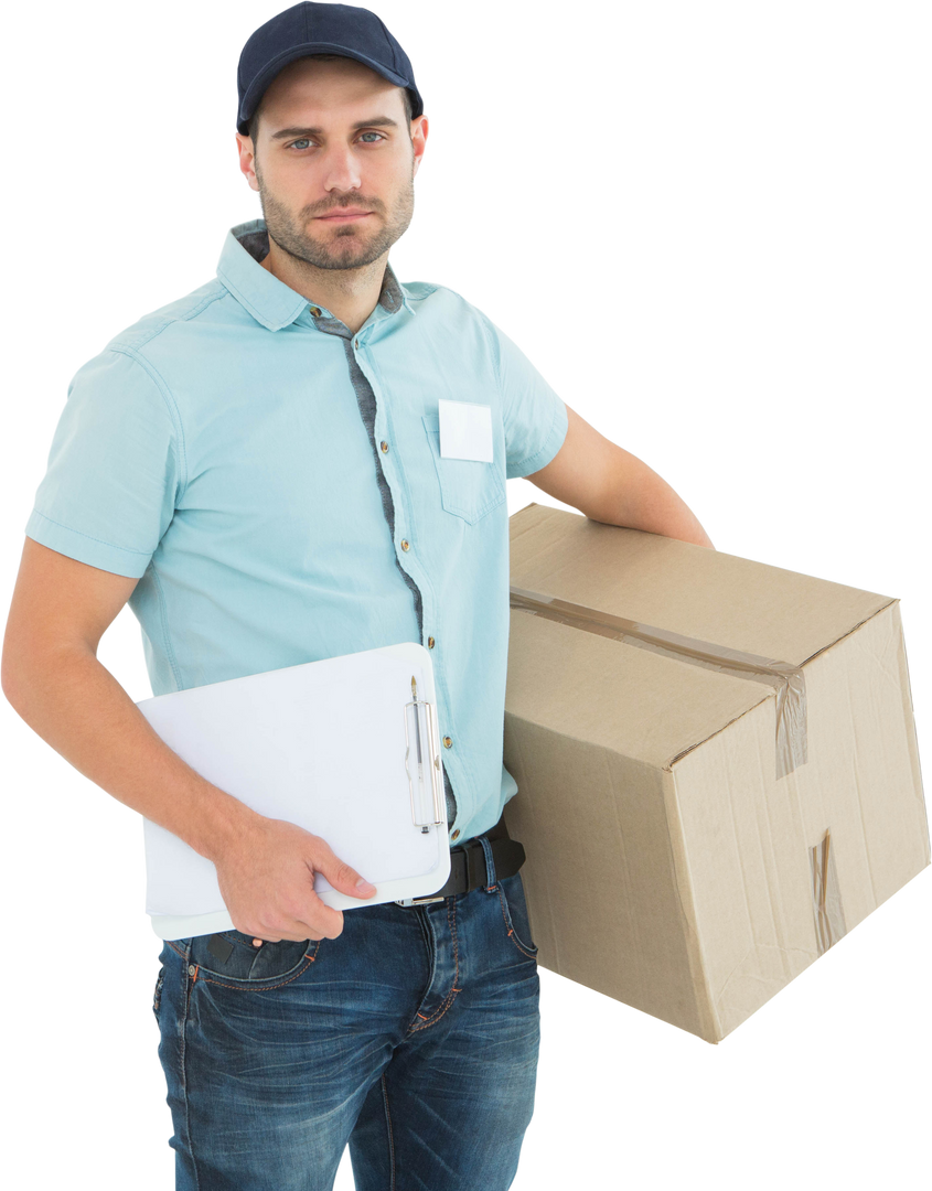 Delivery Man Holding Package and Clipboard with Transparent Background - Download Free Stock Images Pikwizard.com