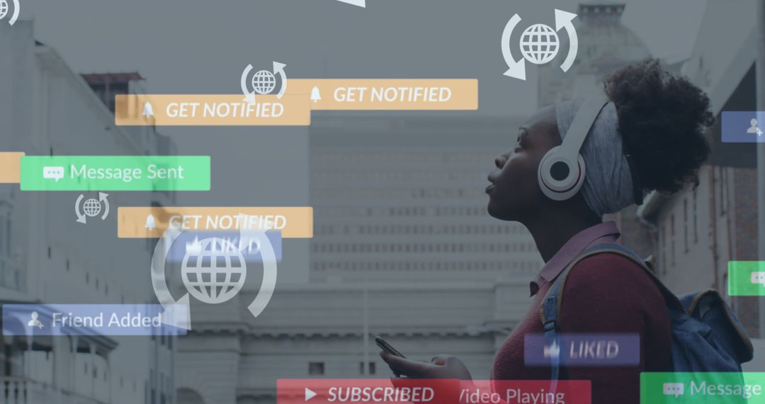 Woman with Headphones Surrounded by Digital Notifications